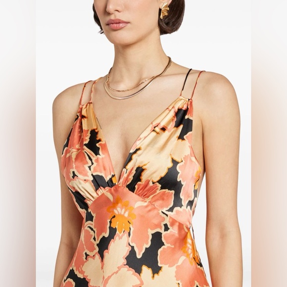 Shona Joy Rosa Silk Plunged Double Strap Maxi Dress - Coral/Multi Color Size 2 - Picture 3 of 10